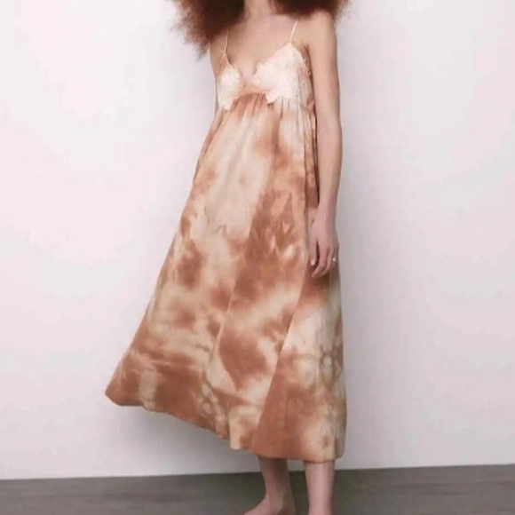 Zara tie dye embroidered applique beige rose knit midi maxi dress size medium M - Picture 5 of 11